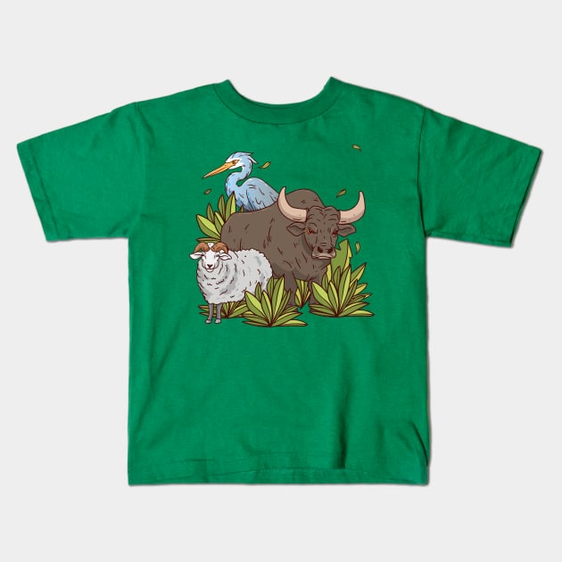 Sheep Bison Bird Hand Drawn Kids T-Shirt by Mako Design 